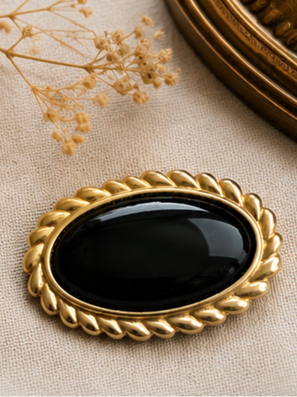 Vintage Monet Gold Tone Brooch  with Black Glass Cabochon